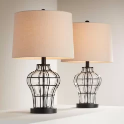 360 Lighting Hudson Rustic Table Lamps 23" High Set Of 2 Dark Bronze Blown Clear Glass Gourd Burlap Fabric Drum Shade For Bedroom Living Room Bedside -Lighting Discount Store GUEST 0353ceda 7ce7 48d7 8974 ed439e5ba271