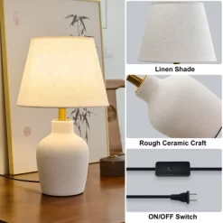POWLIG 19.4" Modern Ceramic Table Lamp With Linen Shade - Frosted White For Bedroom, Living Room & Office -Lighting Discount Store GUEST 07c1f007 a558 4e61 98b8 62d2150b4d53