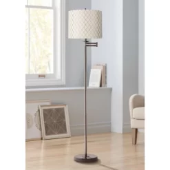 Regency Hill Swing Arm Floor Lamp 60.5" Tall Bronze Embroidered Hourglass Off White Fabric Drum Shade For Living Room Reading Bedroom