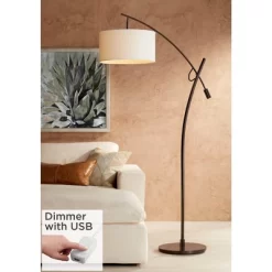 Possini Euro Design Modern Arc Floor Lamp With USB Charging Port 69" Tall Bronze Off-White Drum Shade Adjustable Arm Living Room