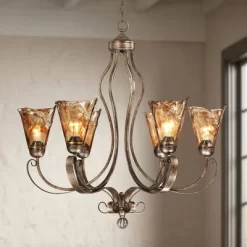 Franklin Iron Works Amber Scroll Golden Bronze Large Chandelier 31 1/2" Wide Rustic Art Glass 6-Light Fixture For Dining Room House Kitchen Island