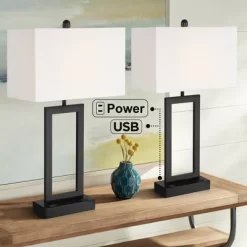 360 Lighting Todd 30" Tall Large Rectangular Modern End Table Lamps Set Of 2 USB Port AC Power Outlet Black Metal Living Room Charging White Shade