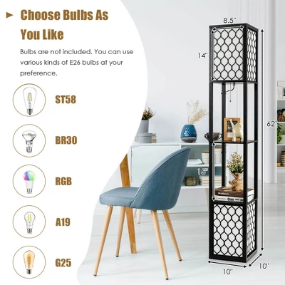 Tangkula Modern Shelf Floor Lamp, Freestanding Double Lamp W/ 2-Tier Wood Shelf & White Lampshade, E26 Bulb Base, Pull Chain & Foot Switch 3 Tangkula Modern Shelf Floor Lamp, Freestanding Double Lamp W/ 2-Tier Wood Shelf & White Lampshade, E26 Bulb Base, Pull Chain & Foot Switch - Image 3