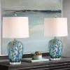 360 Lighting Devan Modern Table Lamps 24 1/2" High Set Of 2 Blue Ceramic With LED Nightlight White Oval Shade For Bedroom Living Room Bedside House