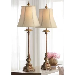 Regency Hill Juliette 36 1/2" Tall Skinny Large Buffet Traditional End Table Lamps Set Of 2 Brown Light Bronze Finish Living Room Bedroom Bedside