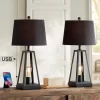 Franklin Iron Works Kacey Industrial Table Lamps 25 1/4" High Set Of 2 Dark Metal With USB LED Nightlight Black Faux Silk Shade For Living Room Desk