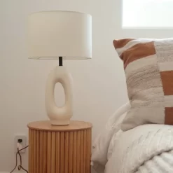 Brightech Artemis Mid-Century (Includes LED Light Bulb) Round Table Lamp Beige Ceramic: Matte Finish, USB Port, Linen Shade, UL Listed, 22" Height -Lighting Discount Store GUEST 30ac7807 886c 4851 91fd ff5b901eae43