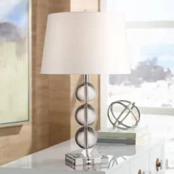 360 Lighting Mersenne Modern Table Lamp 26" High Clear Crystal Globes Stacked Silver Pole White Drum Shade For Bedroom Living Room Bedside Nightstand