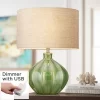 360 Lighting Modern Table Lamp With USB Charging Port 20.5" High Green Ribbed Ceramic Oatmeal Fabric Drum Shade For Bedroom Desk (Color May Vary)
