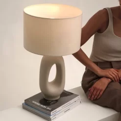 Brightech Artemis Mid-Century (Includes LED Light Bulb) Round Table Lamp Beige Ceramic: Matte Finish, USB Port, Linen Shade, UL Listed, 22" Height -Lighting Discount Store GUEST 424b1e85 995b 4630 8440 141805084552