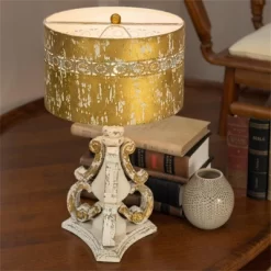 Rustic Vintage Table Lamp With Distressed Finish, 24.80" Tall, Gold And White Home Decor Light, 1pc