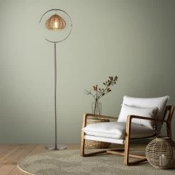 63.75" Isla High Brushed Nickel Iron Candlestick Floor Lamp With Round Tan Rattan Shade - River Of Goods -Lighting Discount Store GUEST 45e2b9e5 dbd6 48aa af2a 49af84c932b8