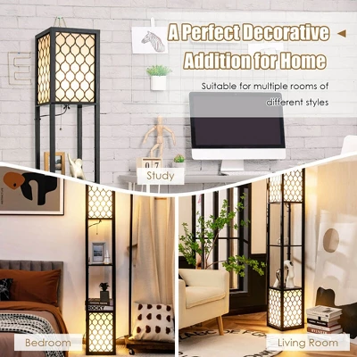 Tangkula Modern Shelf Floor Lamp, Freestanding Double Lamp W/ 2-Tier Wood Shelf & White Lampshade, E26 Bulb Base, Pull Chain & Foot Switch 4 Tangkula Modern Shelf Floor Lamp, Freestanding Double Lamp W/ 2-Tier Wood Shelf & White Lampshade, E26 Bulb Base, Pull Chain & Foot Switch - Image 4