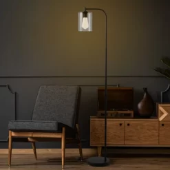 Tangkula Modern Tall Pole Floor Lamp With Hanging Glass Shade, E26 Base & Foot Switch, Industrial Standing Tall Lighting Black (Bulb Not Included)