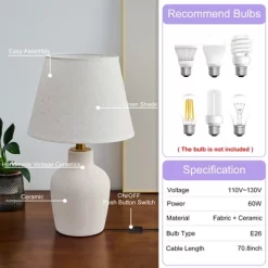 POWLIG 19.4" Modern Ceramic Table Lamp With Linen Shade - Frosted White For Bedroom, Living Room & Office -Lighting Discount Store GUEST 4902fd2a dacb 4260 85bc 50944fae1190