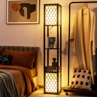 Tangkula Modern Shelf Floor Lamp, Freestanding Double Lamp W/ 2-Tier Wood Shelf & White Lampshade, E26 Bulb Base, Pull Chain & Foot Switch 1 Tangkula Modern Shelf Floor Lamp, Freestanding Double Lamp W/ 2-Tier Wood Shelf & White Lampshade, E26 Bulb Base, Pull Chain & Foot Switch