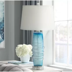 360 Lighting Artic 28 1/2" Tall Modern Coastal End Table Lamp Handcrafted Blue Sea Art Glass Single White Shade Living Room Bedroom (Colors May Vary)