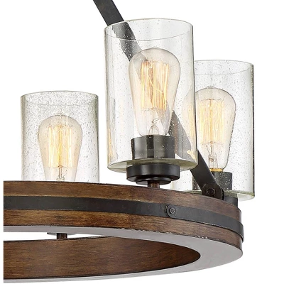 Franklin Iron Works Metal Wood Wagon Wheel Chandelier 25" Wide Rustic Farmhouse Clear Seeded Glass 6-Light Fixture For Dining Room 2 Franklin Iron Works Metal Wood Wagon Wheel Chandelier 25" Wide Rustic Farmhouse Clear Seeded Glass 6-Light Fixture For Dining Room - Image 2