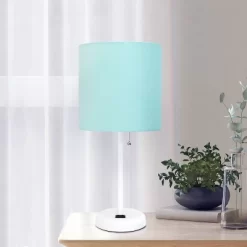 19.5" Bedside Power Outlet Base Metal Table Desk Lamp In White With Aqua Blue Fabric Shade - Creekwood Home -Lighting Discount Store GUEST 552ffb7e 463c 4fe5 aa4c f84f7787025f