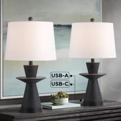 360 Lighting Fiona 24 1/2" High Mid Century Modern Table Lamps Set Of 2 USB Port Black Metal White Shade Living Room Charging Bedroom Bedside House