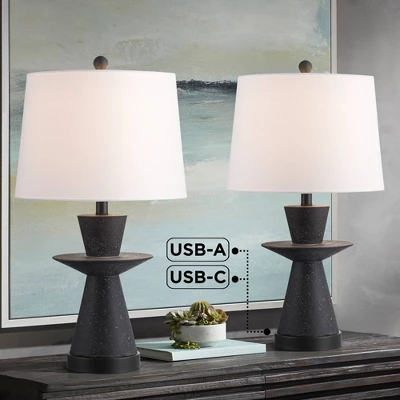 360 Lighting Fiona 24 1/2" High Mid Century Modern Table Lamps Set Of 2 USB Port Black Metal White Shade Living Room Charging Bedroom Bedside House 1 360 Lighting Fiona 24 1/2" High Mid Century Modern Table Lamps Set Of 2 USB Port Black Metal White Shade Living Room Charging Bedroom Bedside House