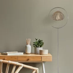 63.75" Isla High Brushed Nickel Iron Candlestick Floor Lamp With Round Tan Rattan Shade - River Of Goods -Lighting Discount Store GUEST 5d0951df f37a 43b2 8848 c209159ca7b6