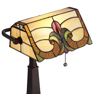Robert Louis Tiffany Traditional Piano Banker Desk Table Lamp 17" High With AC Power Outlet Bronze Floral Art Glass Bedroom Office 2 Robert Louis Tiffany Traditional Piano Banker Desk Table Lamp 17" High With AC Power Outlet Bronze Floral Art Glass Bedroom Office - Image 2