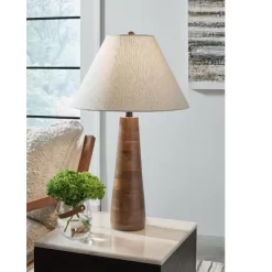 Signature Design By Ashley Danset Natural Wood Table Lamp With Fabric Shade - Honey Brown
