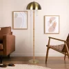 Gold Brass 2-Light Floor Lamp With Natural Rattan Tube & Dual Pull Chains