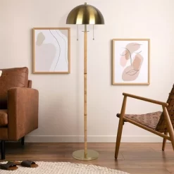 Gold Brass 2-Light Floor Lamp With Natural Rattan Tube & Dual Pull Chains