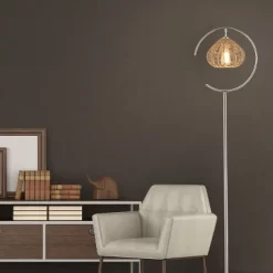 63.75" Isla High Brushed Nickel Iron Candlestick Floor Lamp With Round Tan Rattan Shade - River Of Goods