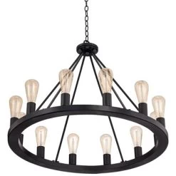 Franklin Iron Works Lacey Black Wagon Wheel Chandelier 28" Wide Industrial 12-Light LED Fixture For Dining Room House Foyer Kitchen Island Entryway -Lighting Discount Store GUEST 736f9068 a61b 4518 9f50 fabf5a24123b