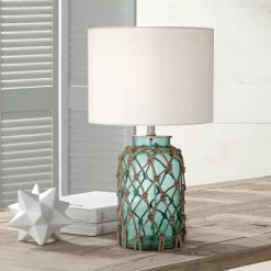 360 Lighting Crosby Coastal Accent Table Lamp 22 1/2" High Coastal Blue Green Glass Rope Off White Drum Shade For Bedroom Living Room Bedside Office