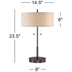 360 Lighting Modern Accent Table Lamp With USB And AC Power Outlet 23 1/2" High Bronze Fabric Drum Shade For Bedroom Living Room House Desk Bedside -Lighting Discount Store GUEST 829b3c00 520e 44ee 9e33 b6c313870aae