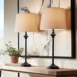360 Lighting Lynn Modern Industrial Buffet Table Lamps 26" High Set Of 2 Dark Bronze Metal Oatmeal Drum Shade For Bedroom Living Room Bedside Office