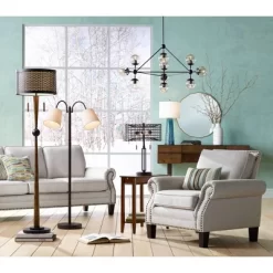 Franklin Iron Works Modern Mid Century Farmhouse Rustic Floor Lamp 64" Tall Bronze Cherry Wood Metal Cream Double Drum Shade For Living Room Reading -Lighting Discount Store GUEST 8778746e a651 4f25 bf32 7ca27c5ef7ef