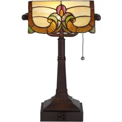 Robert Louis Tiffany Traditional Piano Banker Desk Table Lamp 17" High With AC Power Outlet Bronze Floral Art Glass Bedroom Office 14 Robert Louis Tiffany Traditional Piano Banker Desk Table Lamp 17" High With AC Power Outlet Bronze Floral Art Glass Bedroom Office -Lighting Discount Store GUEST 8778d4d3 e9e6 4801 bb88 81da07d8e1ad