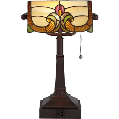Robert Louis Tiffany Traditional Piano Banker Desk Table Lamp 17" High With AC Power Outlet Bronze Floral Art Glass Bedroom Office 7 Robert Louis Tiffany Traditional Piano Banker Desk Table Lamp 17" High With AC Power Outlet Bronze Floral Art Glass Bedroom Office - Image 7