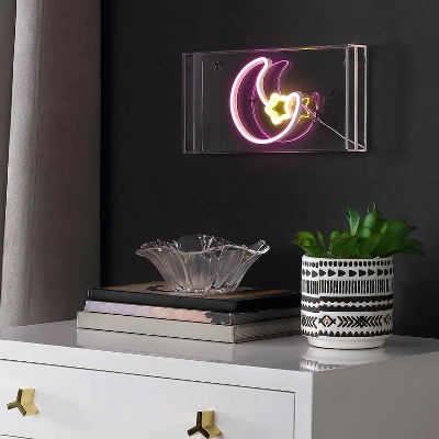 11.8" Moon Contemporary Glam Acrylic Box Pendant (Includes LED Light Bulb) Neon Pink/Yellow - JONATHAN Y 3 11.8" Moon Contemporary Glam Acrylic Box Pendant (Includes LED Light Bulb) Neon Pink/Yellow - JONATHAN Y - Image 3