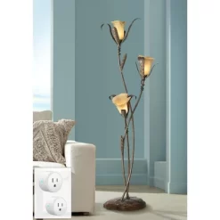 Franklin Iron Works Intertwined Lilies Rustic Farmhouse 68 1/4" Tall Floor Lamp Smart Socket Bronze Gold 3-Light Amber Glass For Living Room