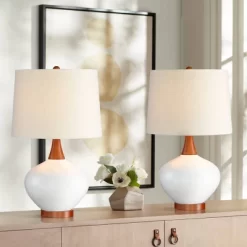 360 Lighting Brice 23" High Small Mid Century Modern Accent Table Lamps Set Of 2 Ivory Wood Ceramic Living Room Bedroom Bedside Off-White Shade