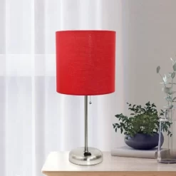 19.5" Bedside Power Outlet Base Metal Table Desk Lamp Brushed Steel With Fabric Shade Red - Creekwood Home -Lighting Discount Store GUEST 8d8af5a3 ada7 4b23 8e5a 0684e2d904a0