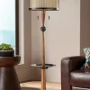 Franklin Iron Works Hunter Rustic Floor Lamp With Tray Table 64 3/4" Tall Faux Wood Bronze USB Charging Port Oatmeal Linen Drum Shade For Living Room