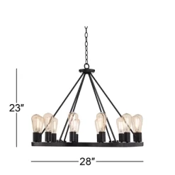 Franklin Iron Works Lacey Black Wagon Wheel Chandelier 28" Wide Industrial 12-Light LED Fixture For Dining Room House Foyer Kitchen Island Entryway -Lighting Discount Store GUEST 92d2cbe5 387a 41bd b202 712278829386
