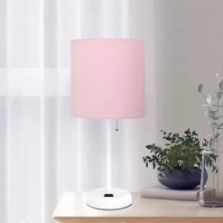 19.5" Bedside Power Outlet Base Metal Table Desk Lamp In White With Light Pink Fabric Shade - Creekwood Home 13 19.5" Bedside Power Outlet Base Metal Table Desk Lamp In White With Light Pink Fabric Shade - Creekwood Home -Lighting Discount Store GUEST 95311803 1b91 4c67 81ca 55836b35ac3a