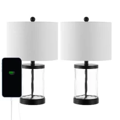 Set Of 2 21" Alexander Modern Iron/Water Glass Table Lamps With USB Port - JONATHAN Y: Bedroom Charging Station, Drum Shade -Lighting Discount Store GUEST 956d96de 4a28 41ea afa2 29ba2047a16b