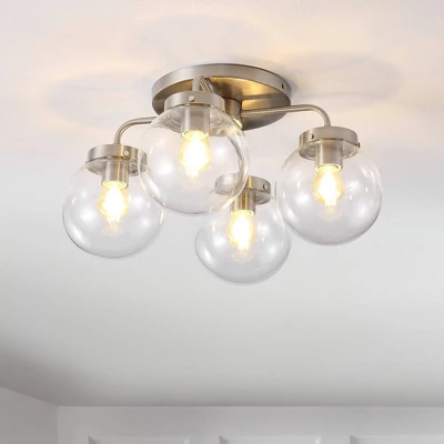 18" 4-Light Piper Farmhouse Rustic Iron/Glass LED Semi Flush Mount Nickel/Clear - JONATHAN Y 1 18" 4-Light Piper Farmhouse Rustic Iron/Glass LED Semi Flush Mount Nickel/Clear - JONATHAN Y