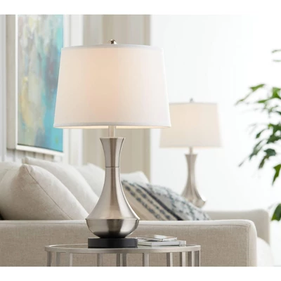 360 Lighting Simon Modern Table Lamps 25 1/2" High Set Of 2 Brushed Nickel With USB Charging Port White Fabric Drum Shade For Bedroom Living Room Desk 7 360 Lighting Simon Modern Table Lamps 25 1/2" High Set Of 2 Brushed Nickel With USB Charging Port White Fabric Drum Shade For Bedroom Living Room Desk - Image 7