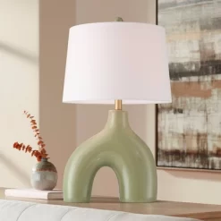 360 Lighting Lyrah 25" High Mid Century Modern Table Lamp Green Glaze Finish Ceramic Single White Shade Living Room Bedroom Bedside Nightstand House