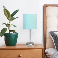 19.5" Bedside USB Port Feature Metal Table Desk Lamp Brushed Steel With Aqua Blue Fabric Shade - Creekwood Home -Lighting Discount Store GUEST 97aac017 e9b6 4a66 b0ac 0ed0f6523b3c